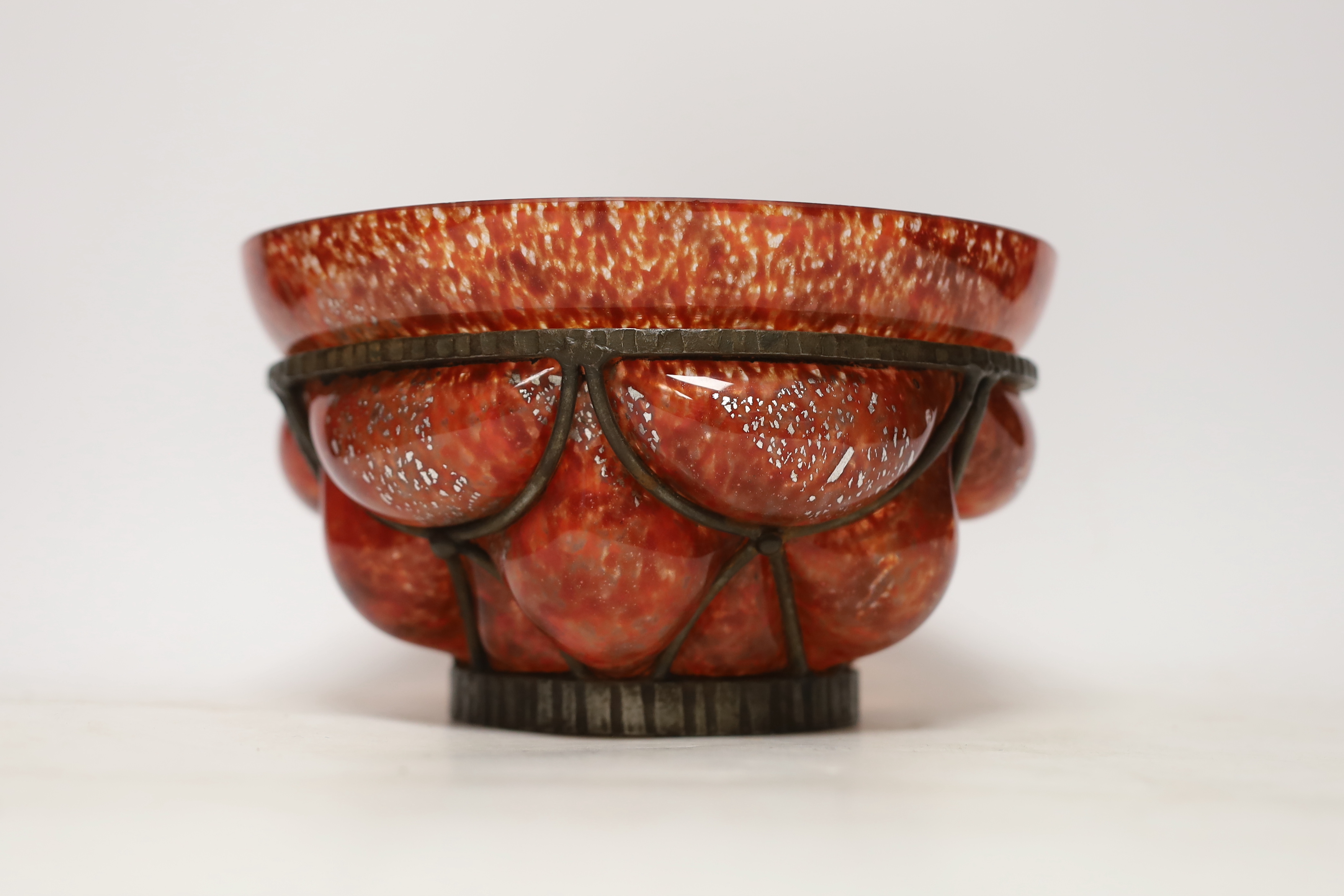 Andre Delatte (1887-1953), Nancy wrought iron bound glass bowl, 31.5cm diameter